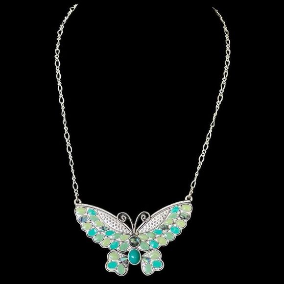 Boho Style Multi Color Enamel Cabochon Large Butterfly Necklace Silver Tone - Picture 2 of 4